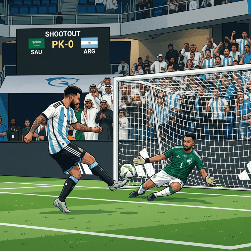 Argentine footballer kicking ball past Saudi Arabian goalkeeper in penalty shootout