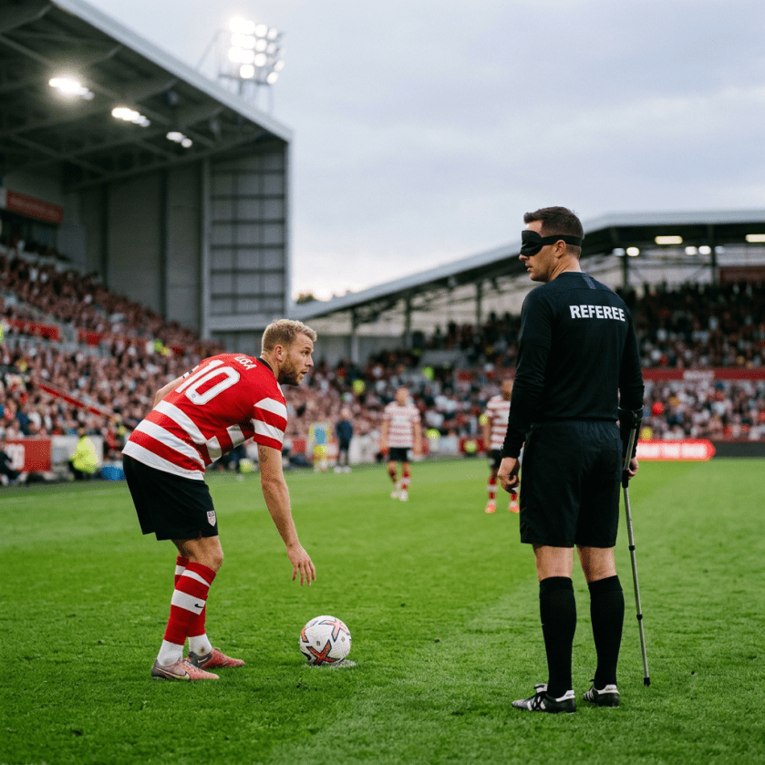 Football player in red and white stripes preparing ball near blindfolded referee with crutch